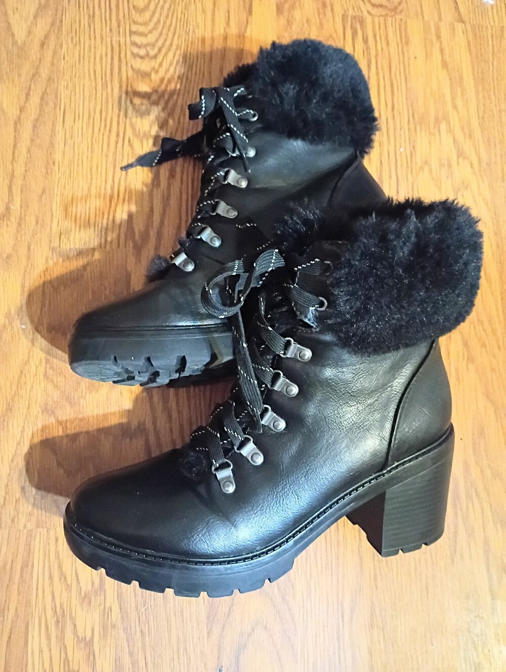 Esprit Black Faux Fur Lace-Up Heeled Ankle Boots